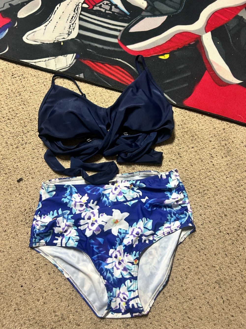 Navy Twist Bikini Top with Blue Floral High-Waist Bottoms